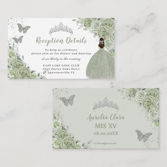 Sage Green Floral Silver Quinceañera Reception Enclosure Card (Front/Back)