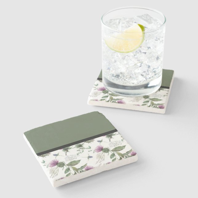 Sage Green Floral Stone Coaster (Side)