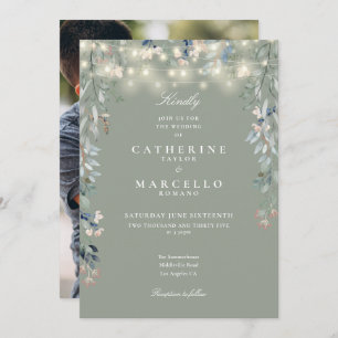 Sage Green Floral String Lights Photo Wedding Invitation