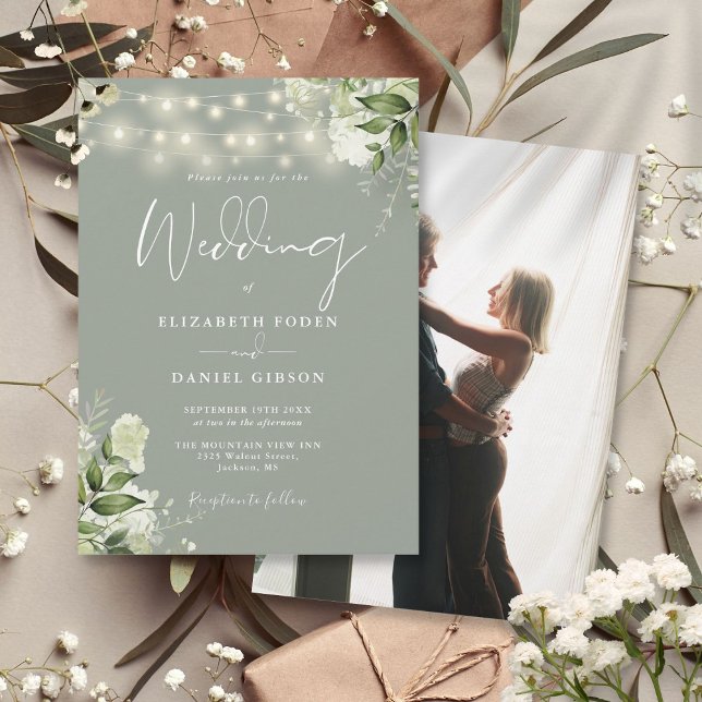 Sage Green Floral String Lights Photo Wedding Invitation (Sage Green Floral String Lights Photo Wedding Invitation)