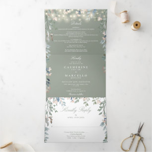 Sage Green Floral String Lights Photo Wedding Tri-Fold Invitation