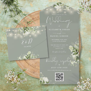 Sage Green Floral String Lights QR Code Wedding All In One Invitation