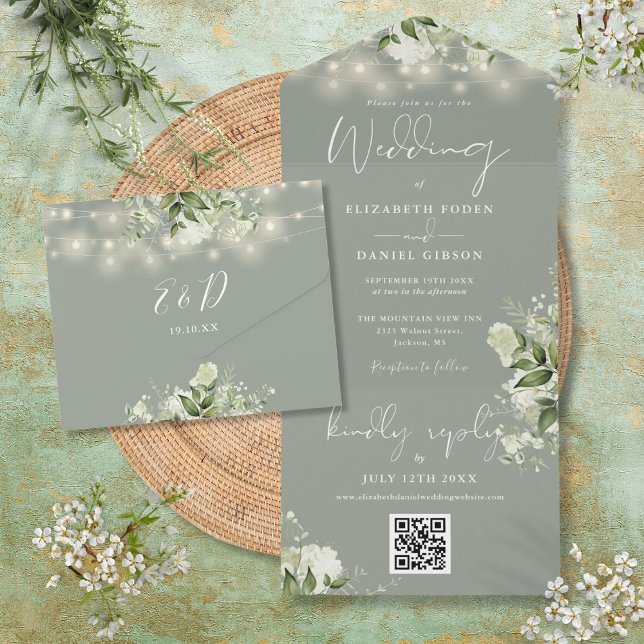 Sage Green Floral String Lights QR Code Wedding All In One Invitation (Sage Green Floral String Lights QR Code Wedding All In One Invitation)