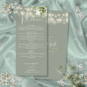 Sage Green Floral String Lights Wedding Dinner Menu
