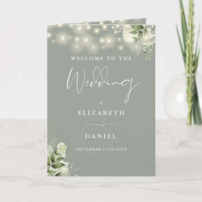Sage Green Floral String Lights Wedding  Program (Front)