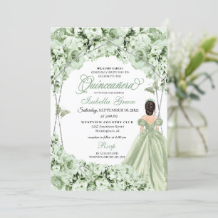 Sage Green Floral Tiara Princess Dress Quinceanera Invitation
