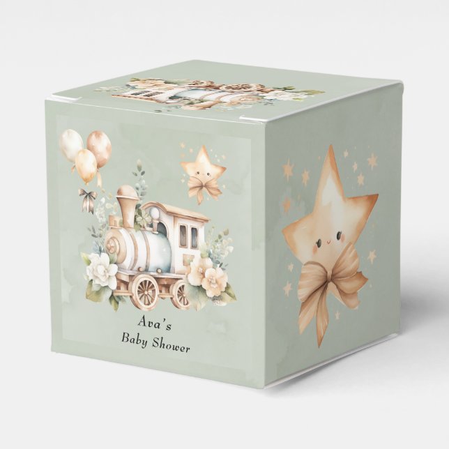 Sage Green Floral Train Boy Baby Shower Favor Box (Front Side)