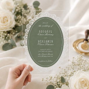 Sage Green Floral Vintage Lace Classic Wedding Acrylic Invitations