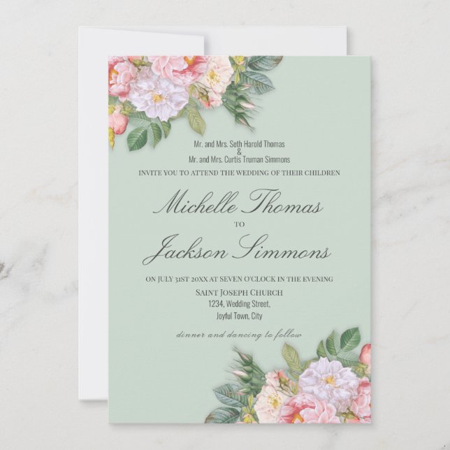 Sage Green Floral Vintage Romantic Wedding Invitation (Front)
