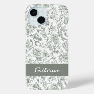Sage Green Floral Vintage Toile Monogram  iPhone 15 Case