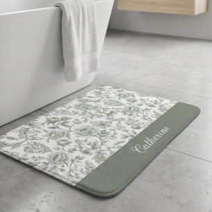 Sage Green Floral Vintage Toile Monogram Name Bath Mat