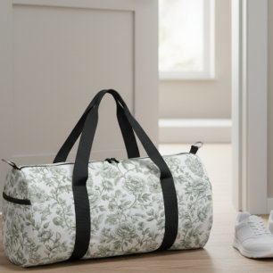 Sage Green Floral Vintage Toile Pattern Duffle Bag