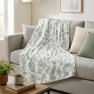 Sage Green Floral Vintage Toile Pattern Fleece Blanket