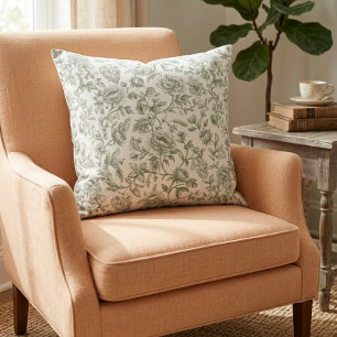 Sage Green Floral Vintage Toile Pattern  Throw Pillow