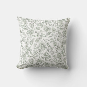 Sage Green Floral Vintage Toile Pattern  Throw Pillow