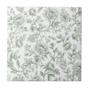 Sage Green Floral Vintage Toile Pattern  Tile