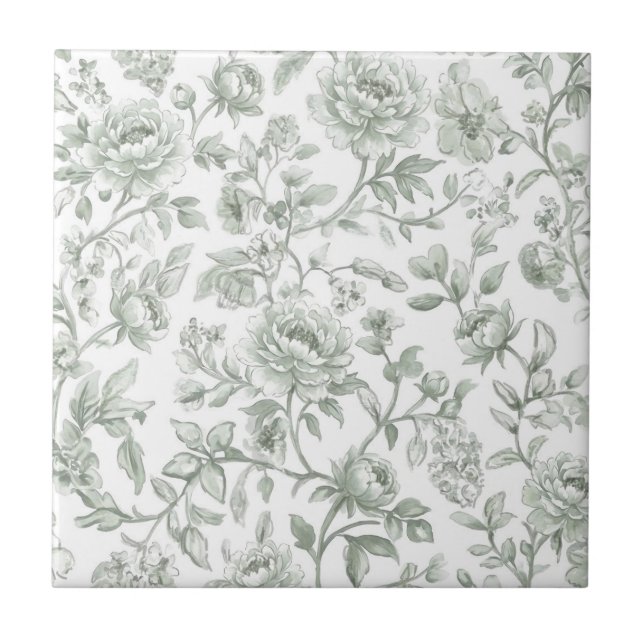 Sage Green Floral Vintage Toile Pattern  Tile (Front)