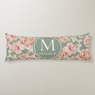 Sage Green Floral Watercolor Rose Pattern Monogram Body Pillow