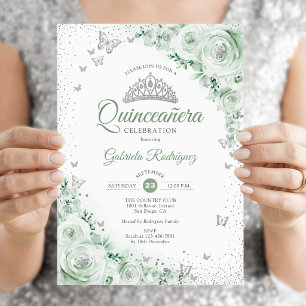 Sage Green Floral Watercolor Roses Quinceanera Invitation
