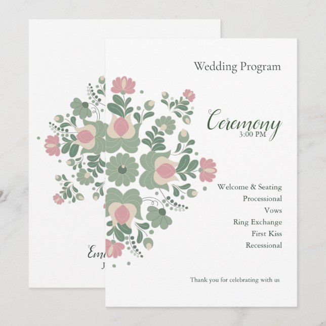 Sage Green Floral Wedding Ceremony Flat Program (Front/Back)
