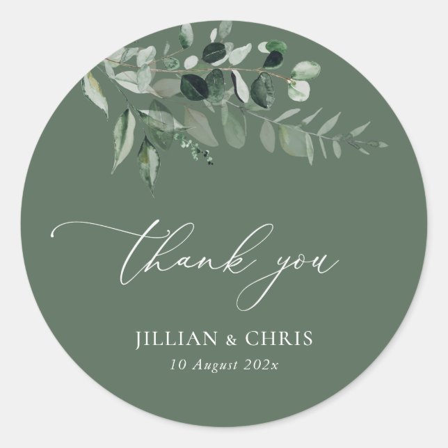Sage green floral wedding classic round sticker (Front)