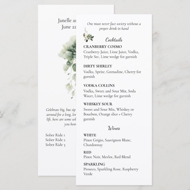 Sage Green Floral Wedding Cocktail and Wine List | Menu (Front/Back)