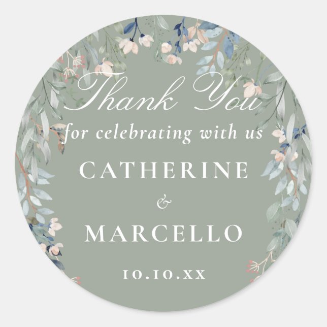 Sage Green Floral Wedding Favour Thank You Classic Round Sticker (Front)