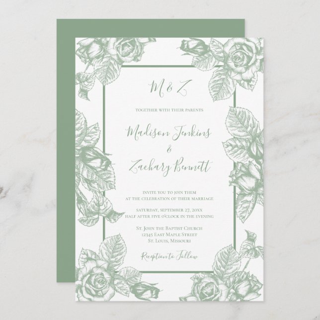 Sage Green Floral Wedding Invitation (Front/Back)