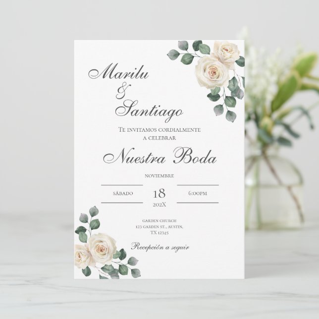 Sage Green Floral wedding invitation in Spanish (Standing Front)
