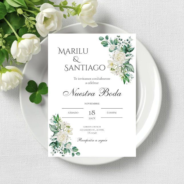 Sage Green Floral wedding invitation in Spanish (Creator Uploaded)