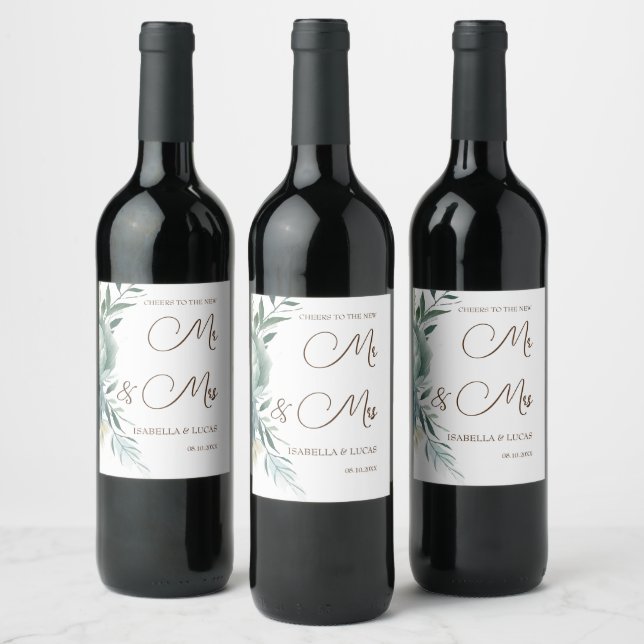 Sage Green Floral Wedding Mr and Mrs Wine Label (Bottles)