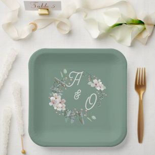 Sage Green Floral Wedding Paper Plate