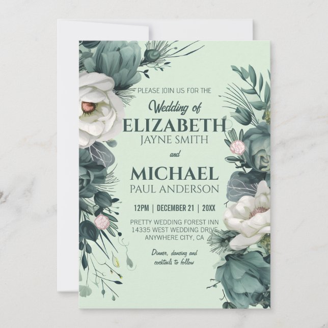 Sage Green Floral Wedding Rose Soft Greenery Colou Invitation (Front)