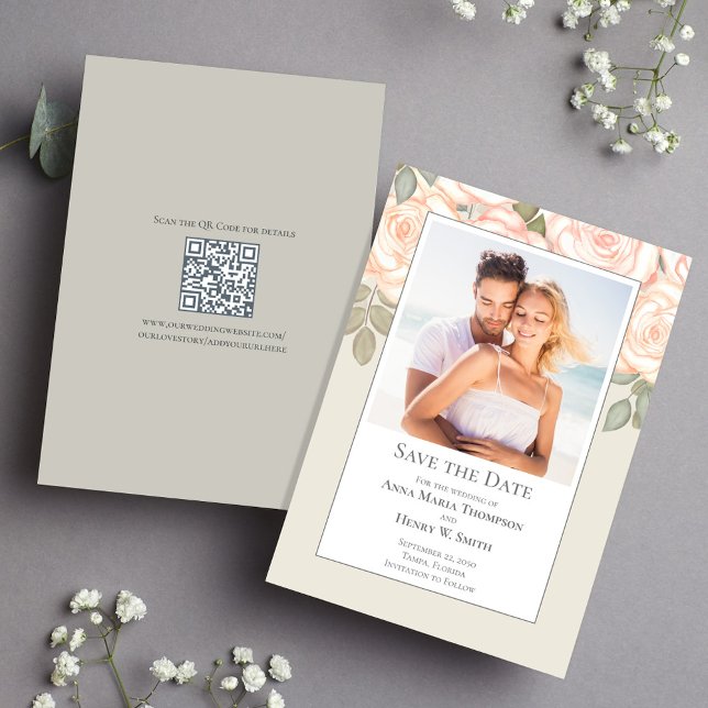 Sage Green Floral Wedding Save the Date Photo Invitation (Sage green elegant photo save the date card.)