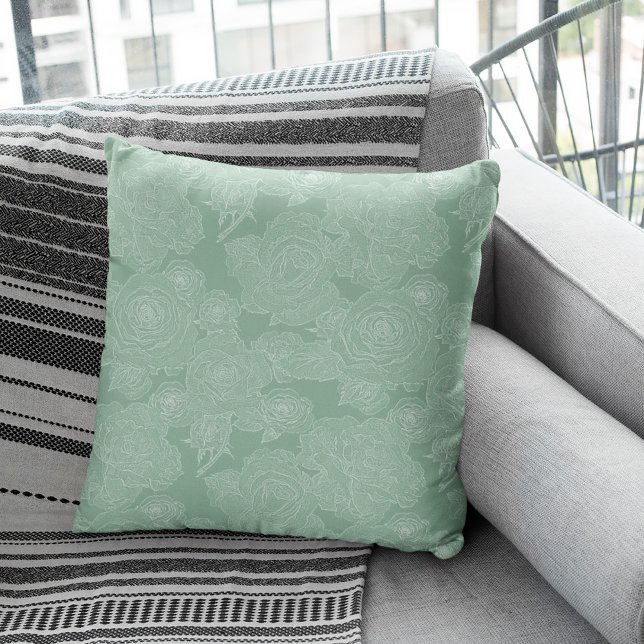 Sage green floral white pattern elegant modern throw pillow (Creator Uploaded)