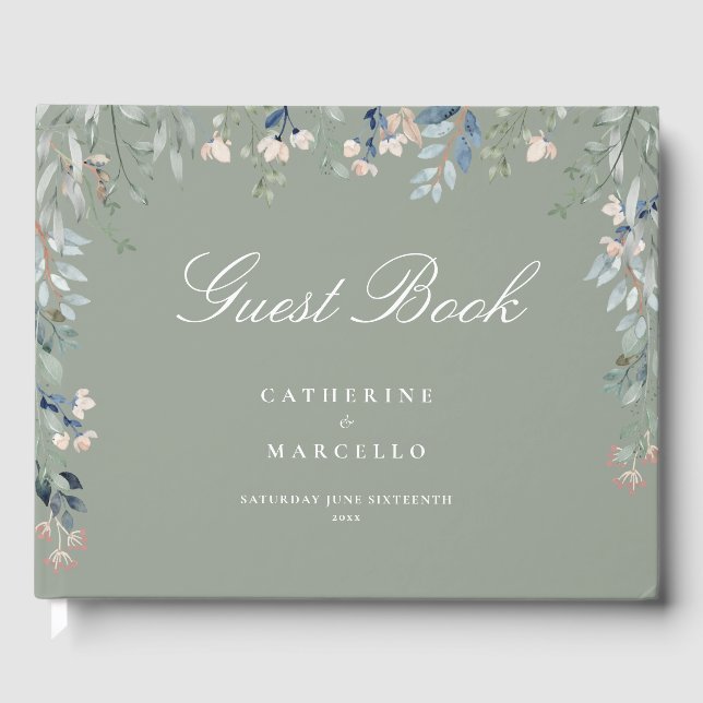 Sage Green Floral Wildflowers Wedding Guest Book (Front)