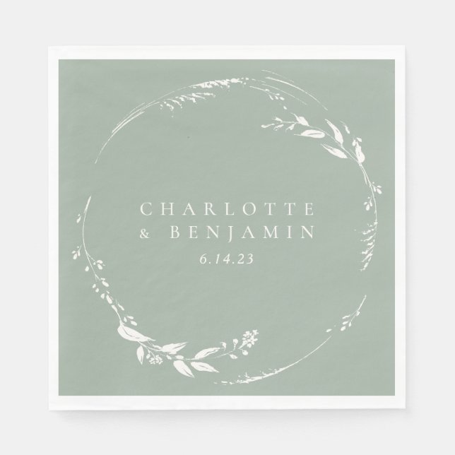 Sage Green Floral Wreath Monogram Personalized Napkin (Front)