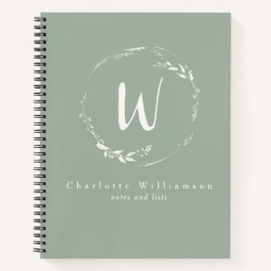 Sage Green Floral Wreath Monogram Personalized Notebook