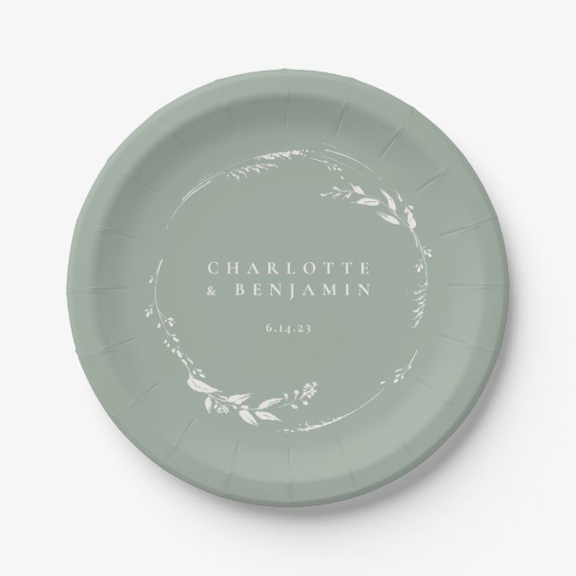Sage Green Floral Wreath Monogram Personalized  Paper Plate (Front)