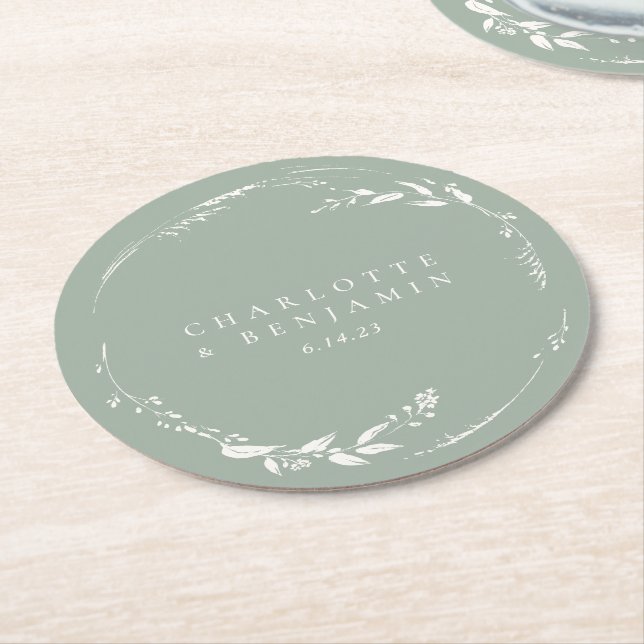 Sage Green Floral Wreath Monogram Personalized  Round Paper Coaster (Angled)