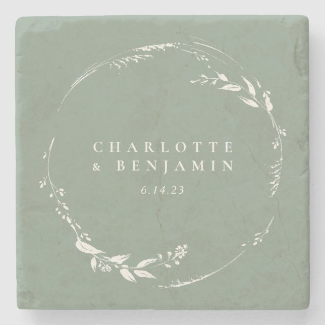 Sage Green Floral Wreath Monogram Personalized  Stone Coaster (Front)