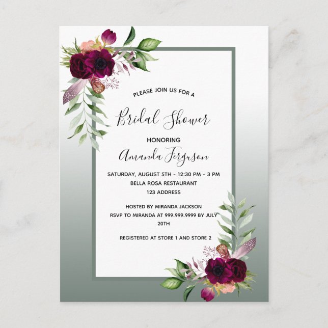 Sage green florals Bridal Shower invitation Postcard (Front)