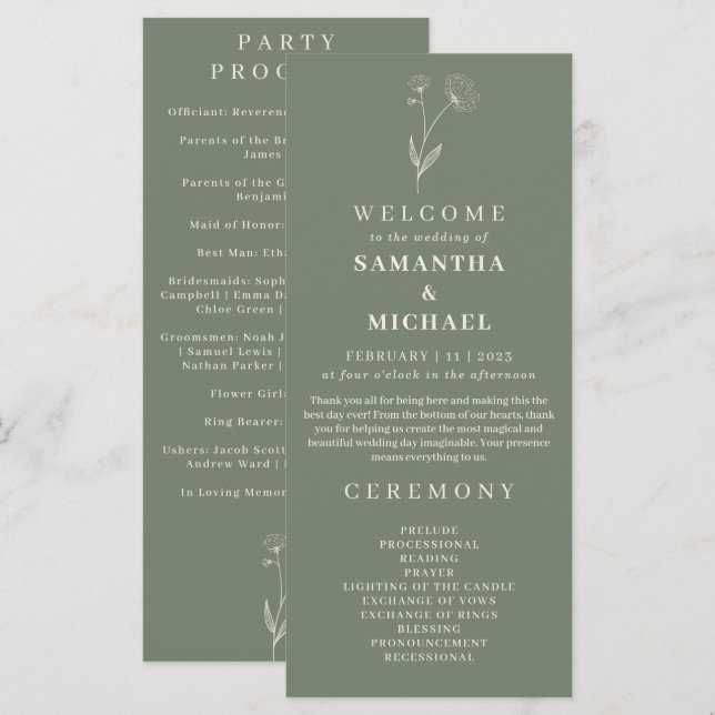 Sage Green Flower Cotton Floral Wedding Programme (Devant / Derrière)