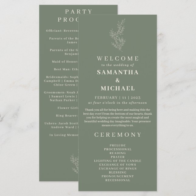 Sage Green Flower Ivy Wedding Programme (Devant / Derrière)