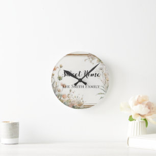 sage green flower - text personalized round clock