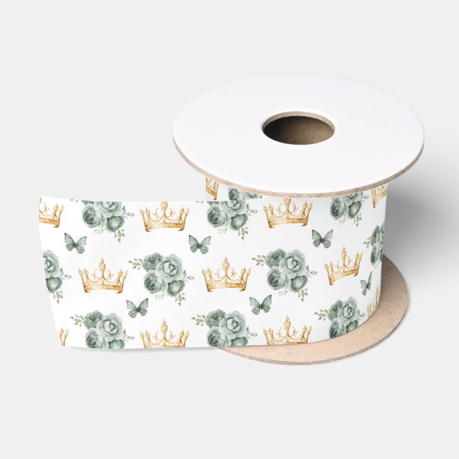 Sage Green Flowers and Gold Crowns Satin Ribbon (Spool)