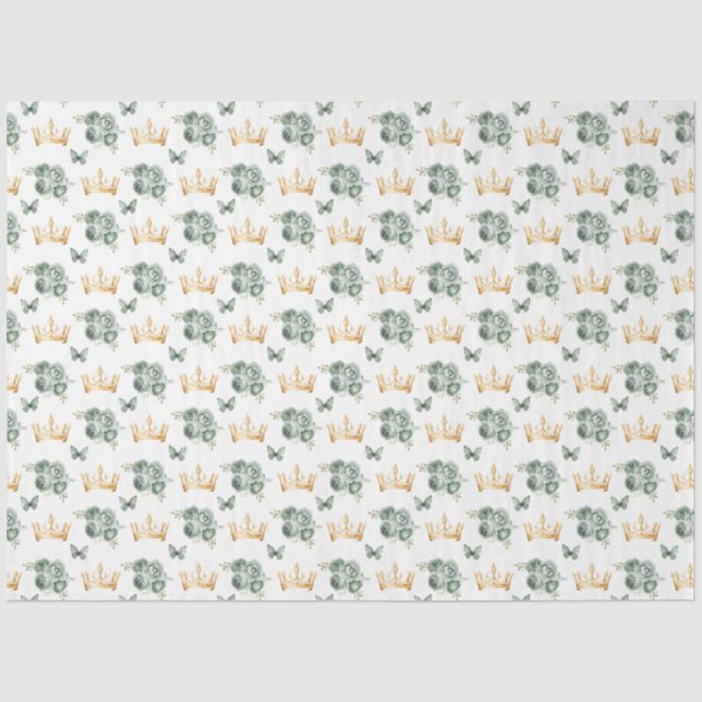 Sage Green Flowers and Gold Crowns Tissue Paper (Front)