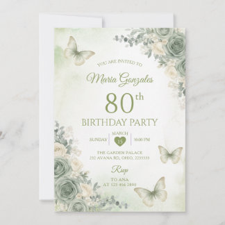 Sage Green Flowers Butterfly 80th Birthday Invitation