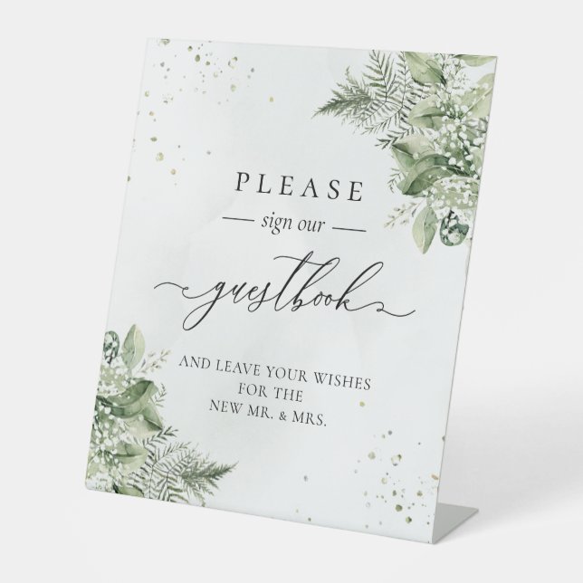 Sage Green Foliage Botanical Wedding Guestbook Pedestal Sign (Front)