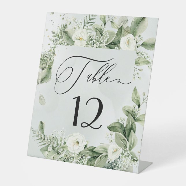Sage Green Foliage Botanical Wedding Table Number Pedestal Sign (Front)